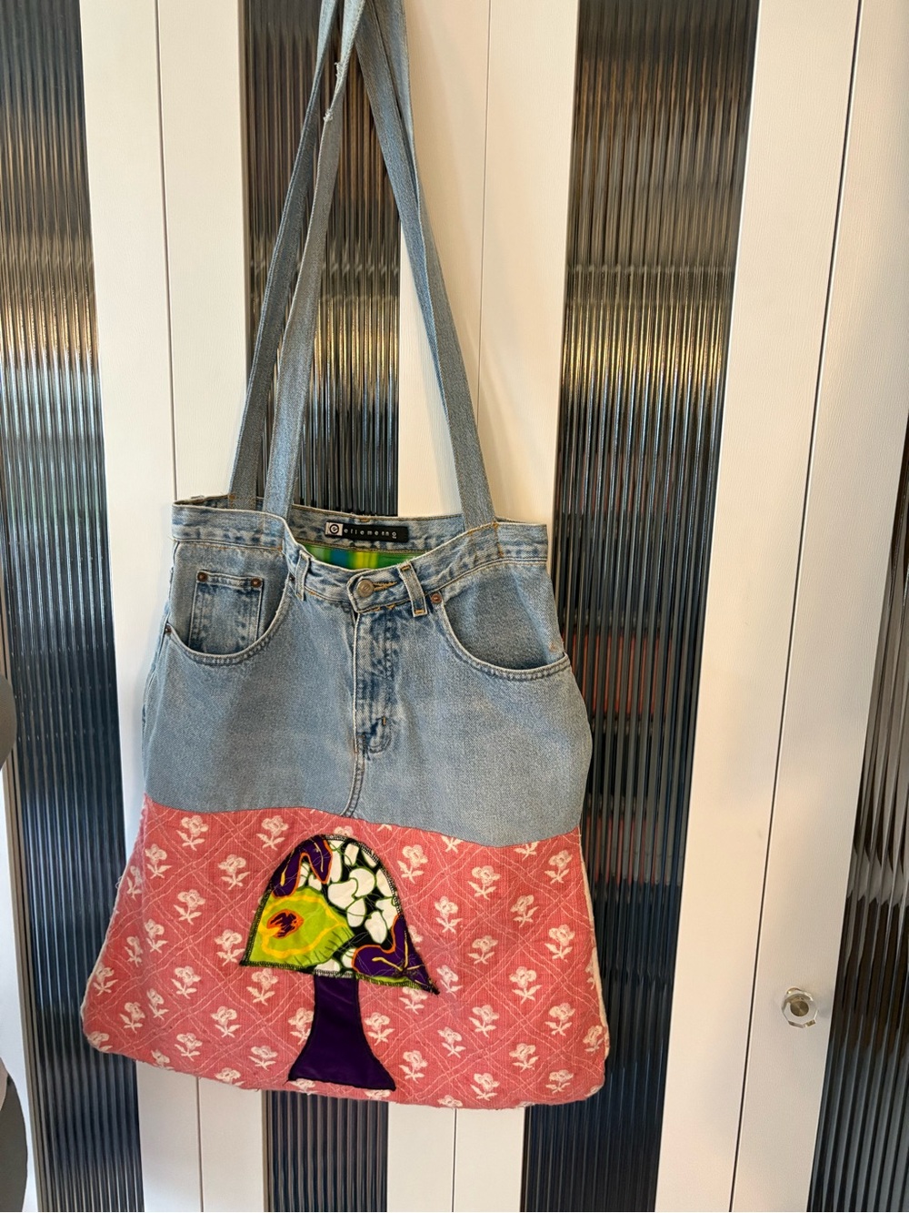 Upcycled Denim & Pink Patchwork Tote Bag with Mushroom Appliqué